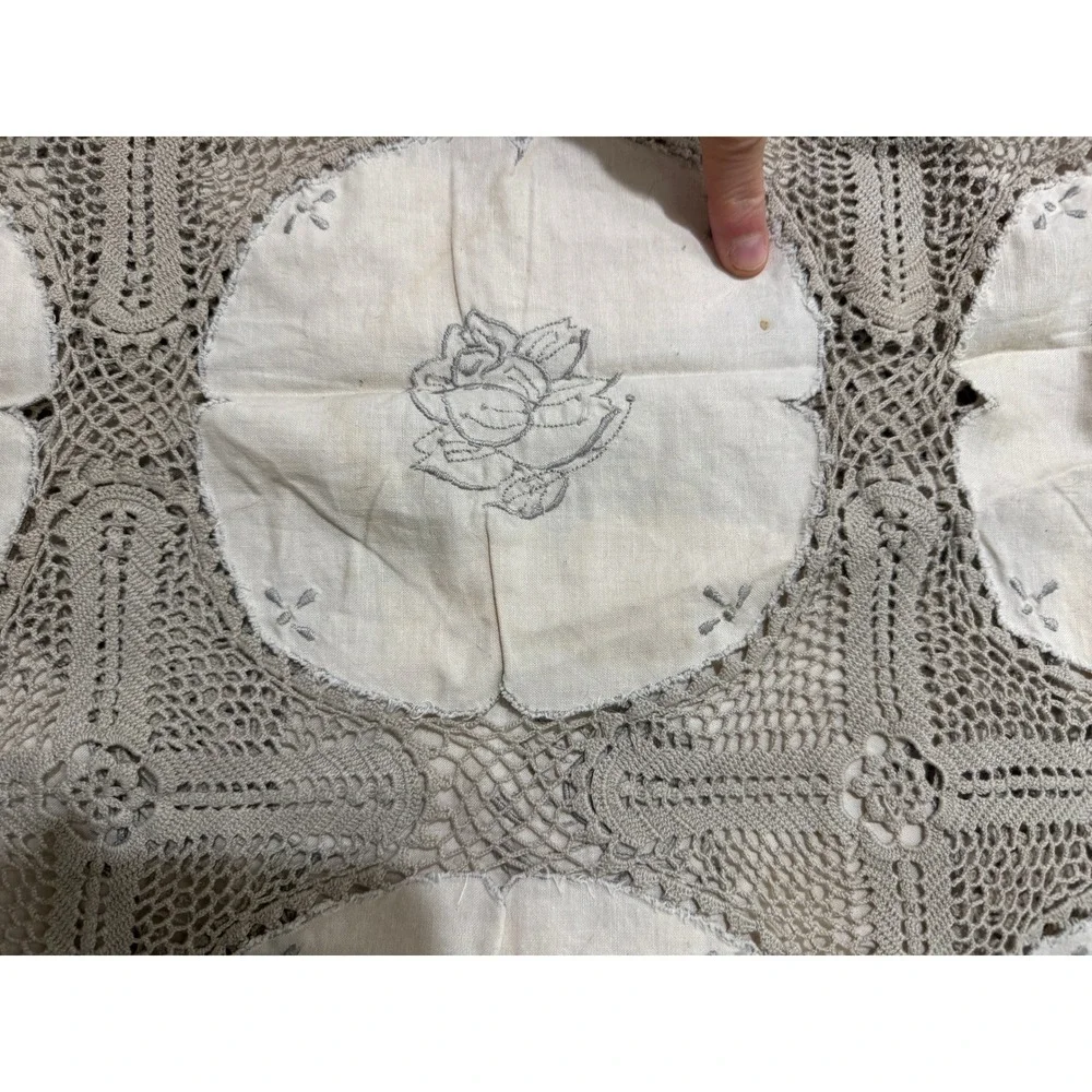 Vintage Antique Tablecloth Cotton Madeira With filet & Crochet lace LINEN E3-5